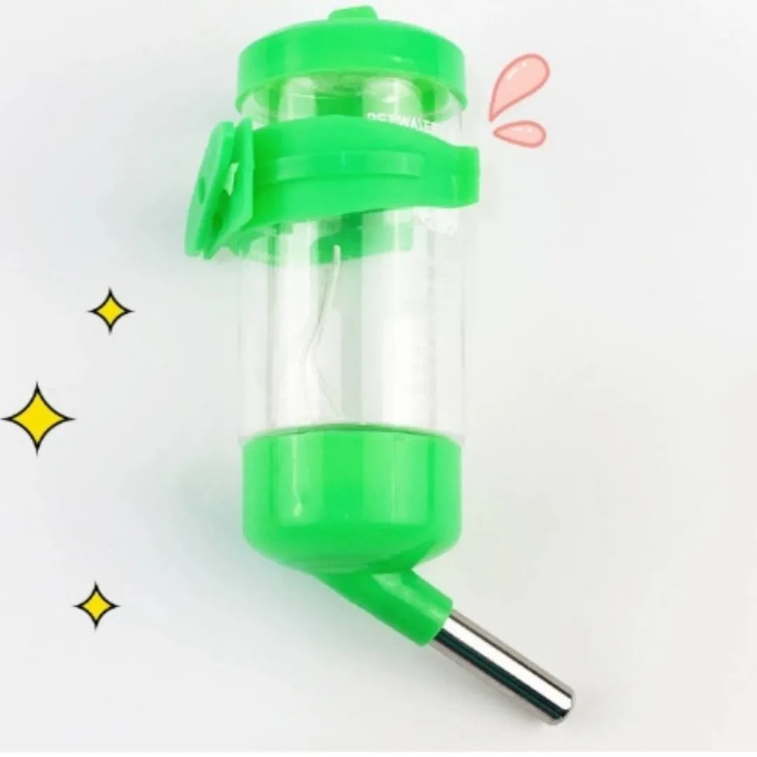 Plastic ball kettle leak-proof pet water feeder in green, showing its attachment to a bottle.