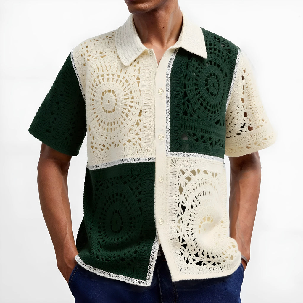 Men's beige colourblock knitted shirt with short sleeves and flocking detail