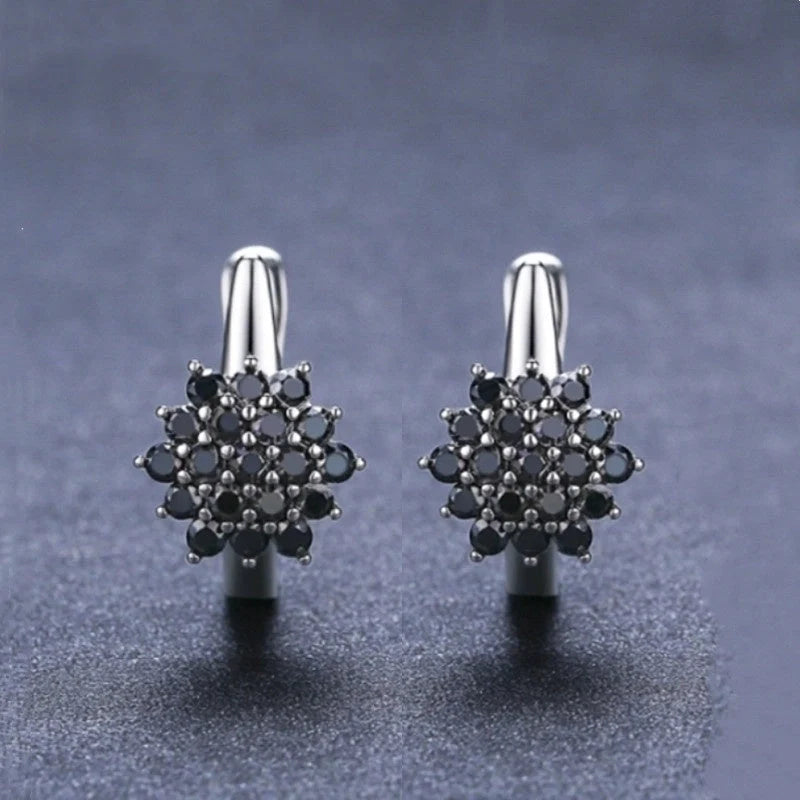 Korean-style vintage black zircon flower stud earrings in copper