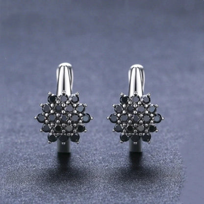 Korean-style vintage black zircon flower stud earrings in copper