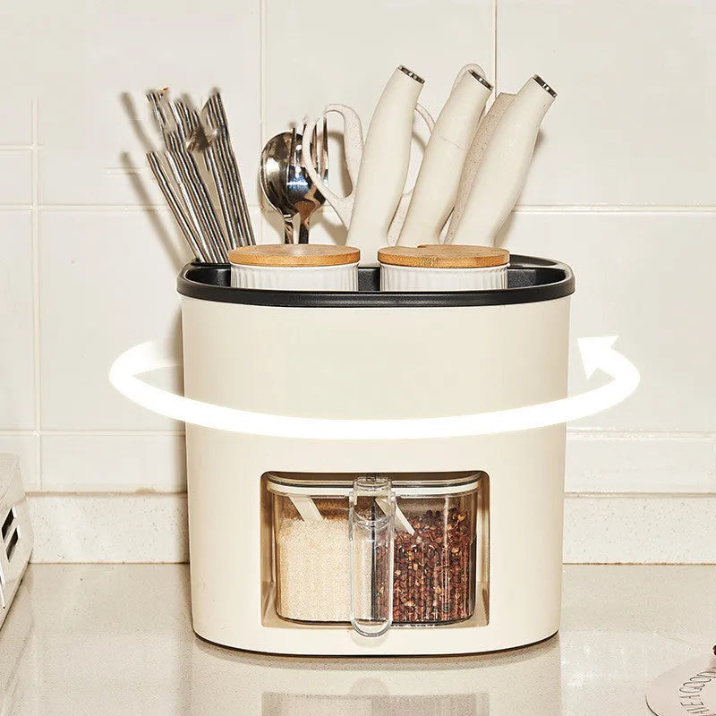 White rotating kitchen storage bucket set with a separate four-compartment spice box for cutlery and utensil organisation.