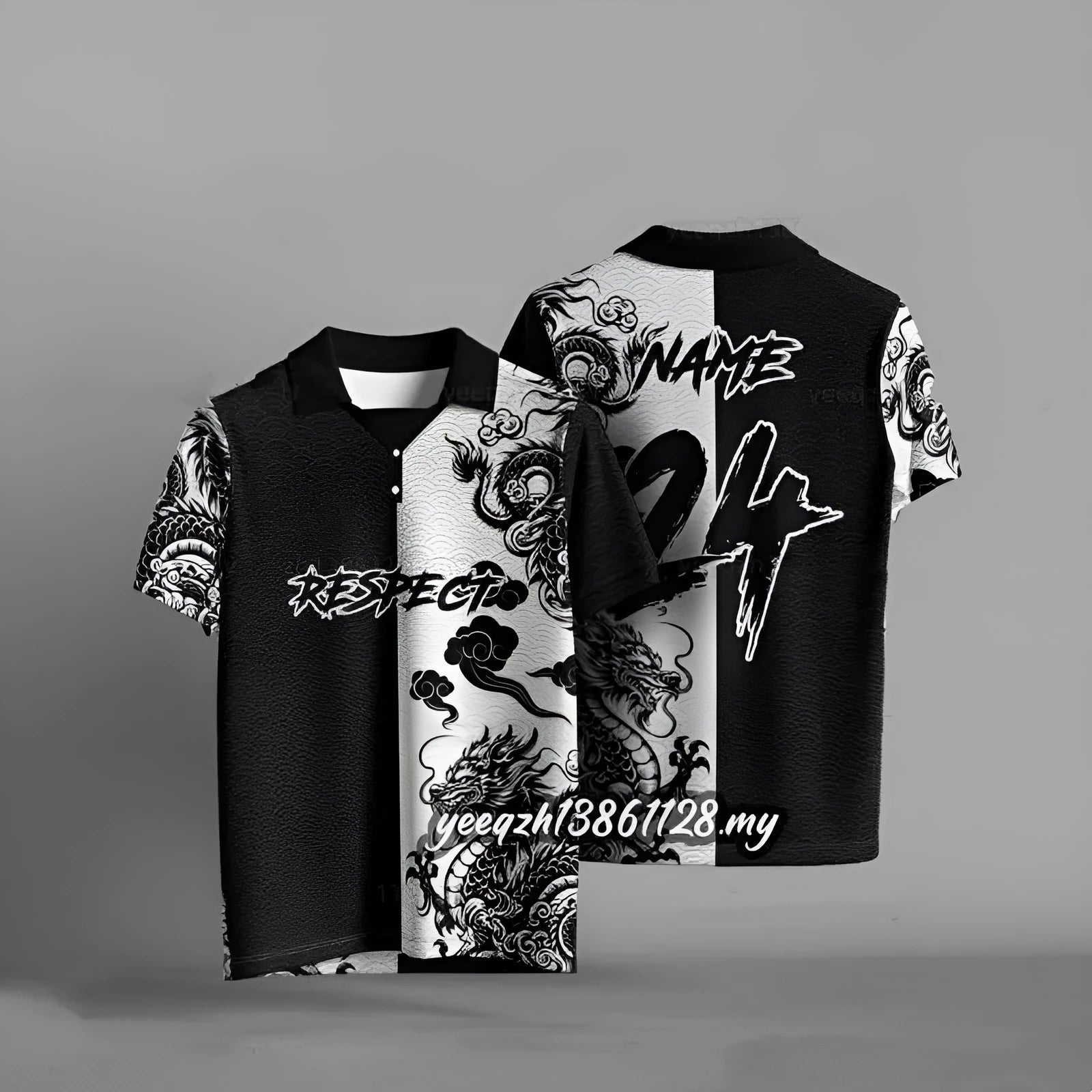 Black loose fit t-shirt with 3D digital printing, short sleeves, polyester fabric