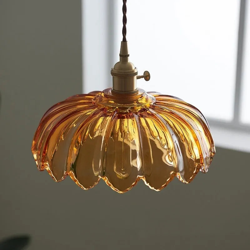 Brass glass chandelier with amber-yellow glass shades, 26CM diameter