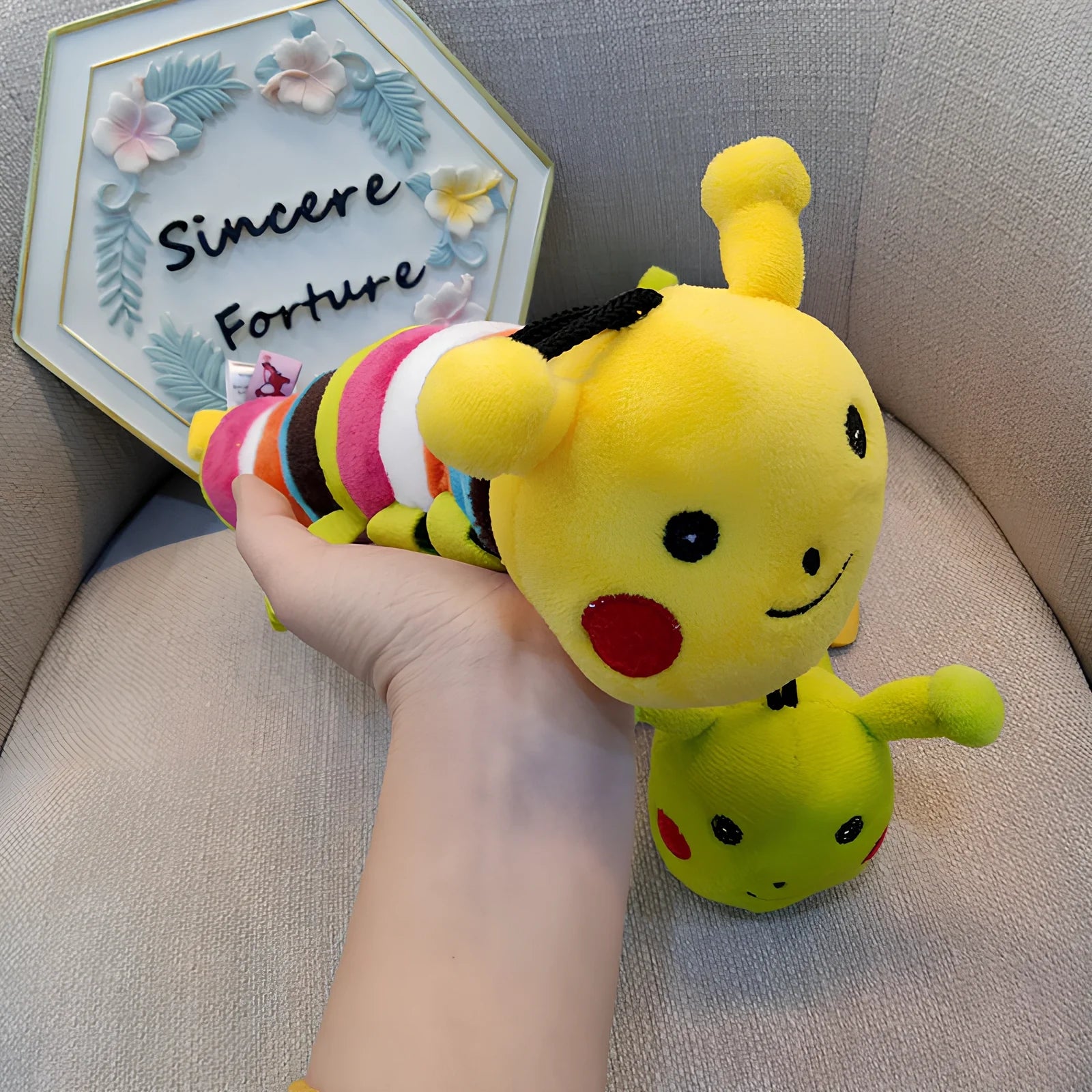 28cm green caterpillar sound toy with molar plush texture for dogs and cats, noil cloth exterior