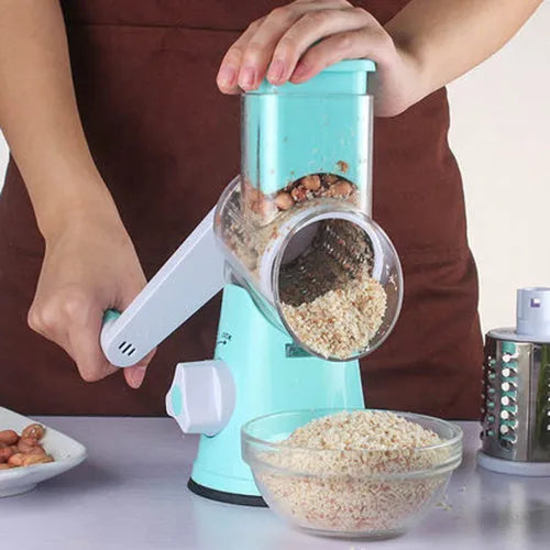 Round manual mandoline slicer with stainless steel blades for cutting potatoes, vegetables, and cheese