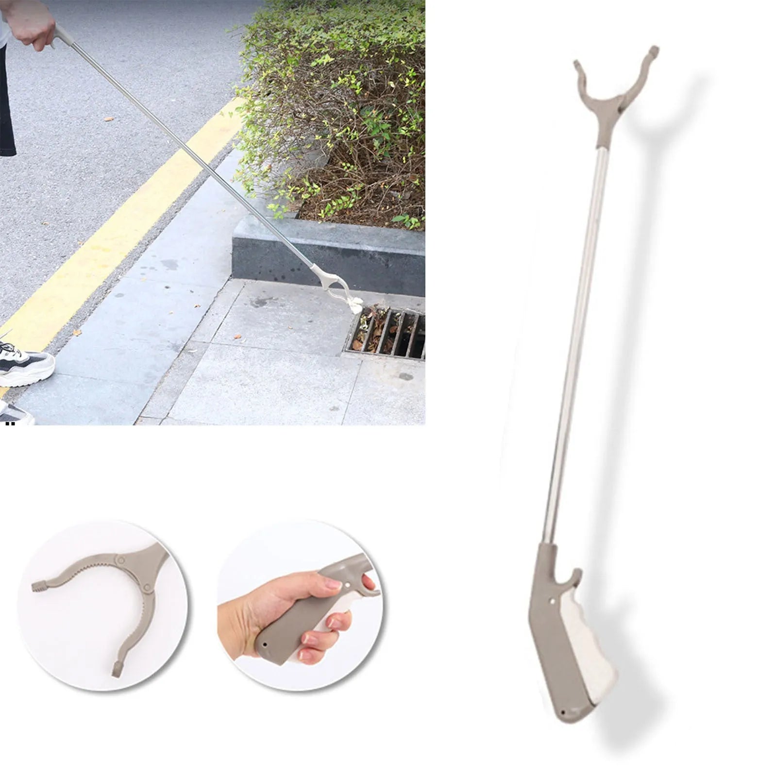Stainless steel garbage picker with extended 40cm handle and non-slip gripper jaws.