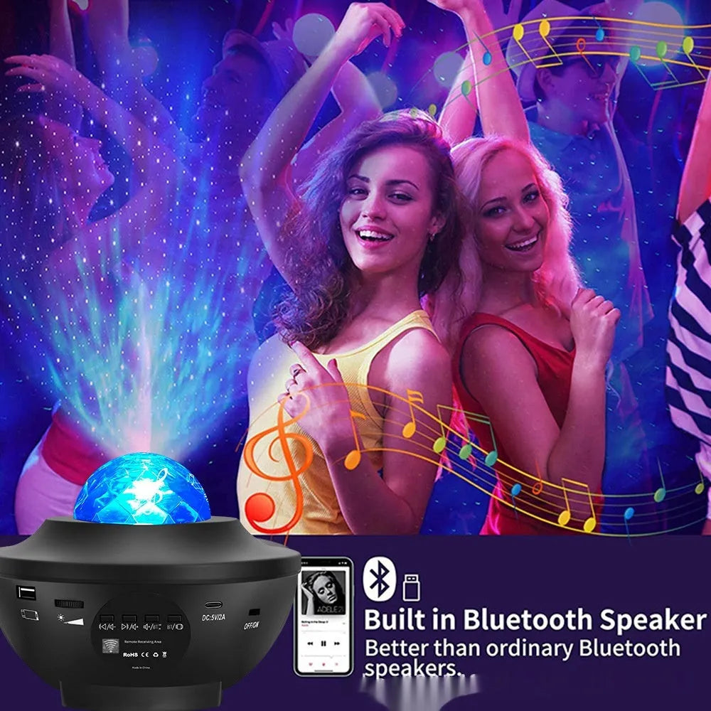 Black Bluetooth starry sky projection lamp with rotating water ripple laser effects on desktop