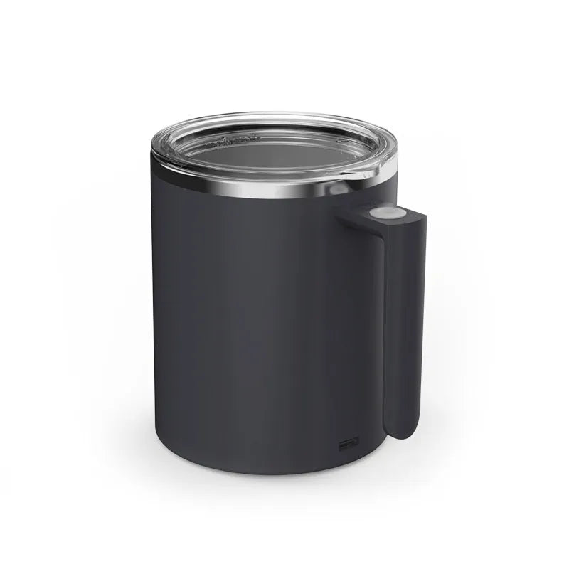 White automatic stirring coffee cup with magnetic base and stainless steel interior