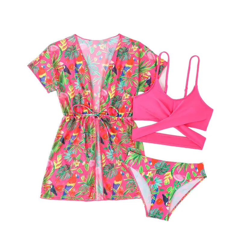 Girls' floral print bikini swimsuit with split overlay design in picture colour
