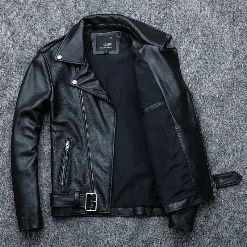 Pure cowhide biker's leather jacket in black with front zip and snap collar, full-length sleeves, polyester lining