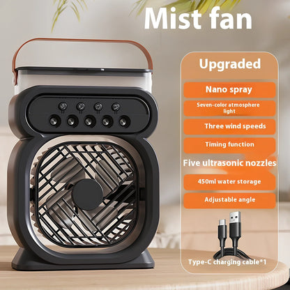 Black 3-in-1 portable USB air cooler with 7-colour LED lights, 170x75x240mm, showing water tank and speed controls
