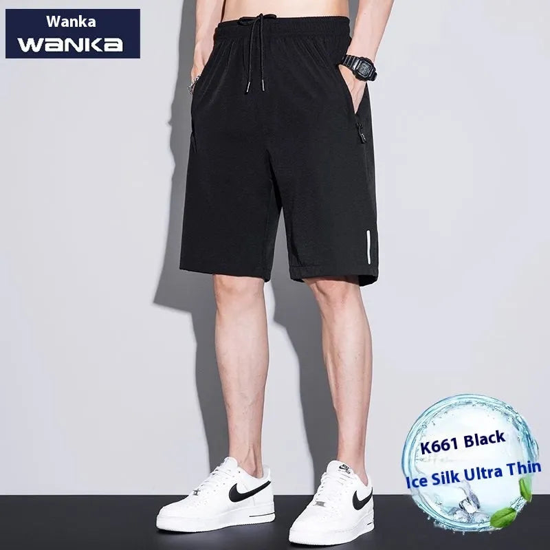 Men's quick-dry ice silk polyester running shorts, lightweight straight-leg fitness shorts in black, dark blue, and light gray
