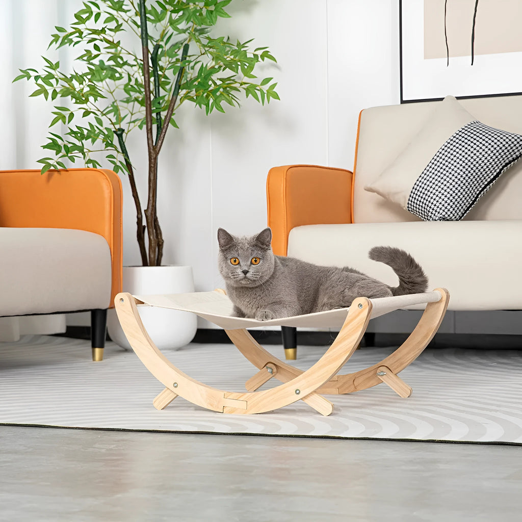 Solid wood cat shaker pet bed hammock measuring 55x41x22 cm with canvas and plush materials