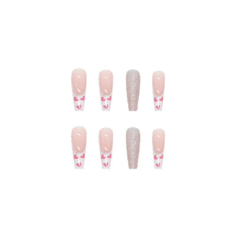 W097 shiny love pattern false nails in long ballet style with adhesive tube, 24-piece set