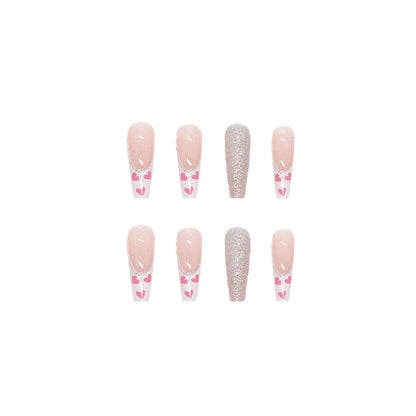 W097 shiny love pattern false nails in long ballet style with adhesive tube, 24-piece set