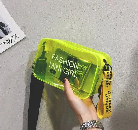 Transparent square jelly cross-body shoulder bag with adjustable strap in multiple colour options.