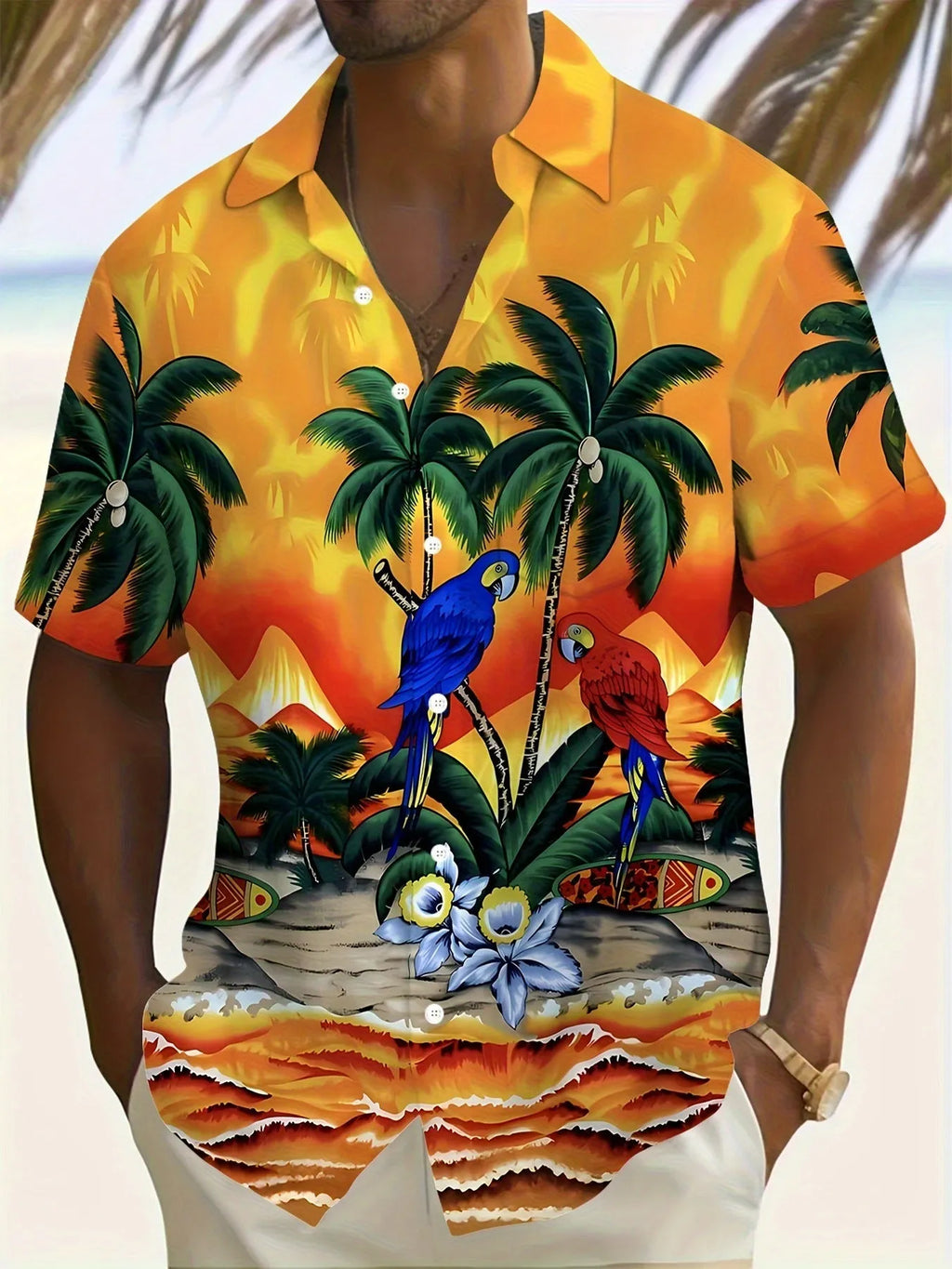 Man wearing a loose grey short sleeve shirt with a raised white 3D flower print pattern.