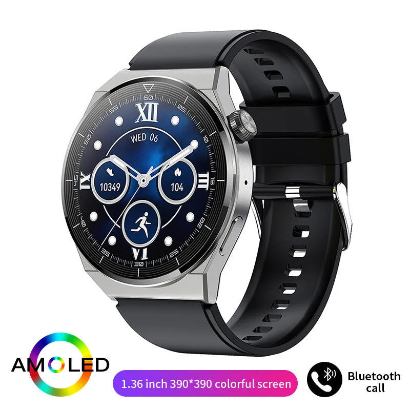 Black silicone strap smartwatch with silver vinyl case showing a TFT touch screen display.