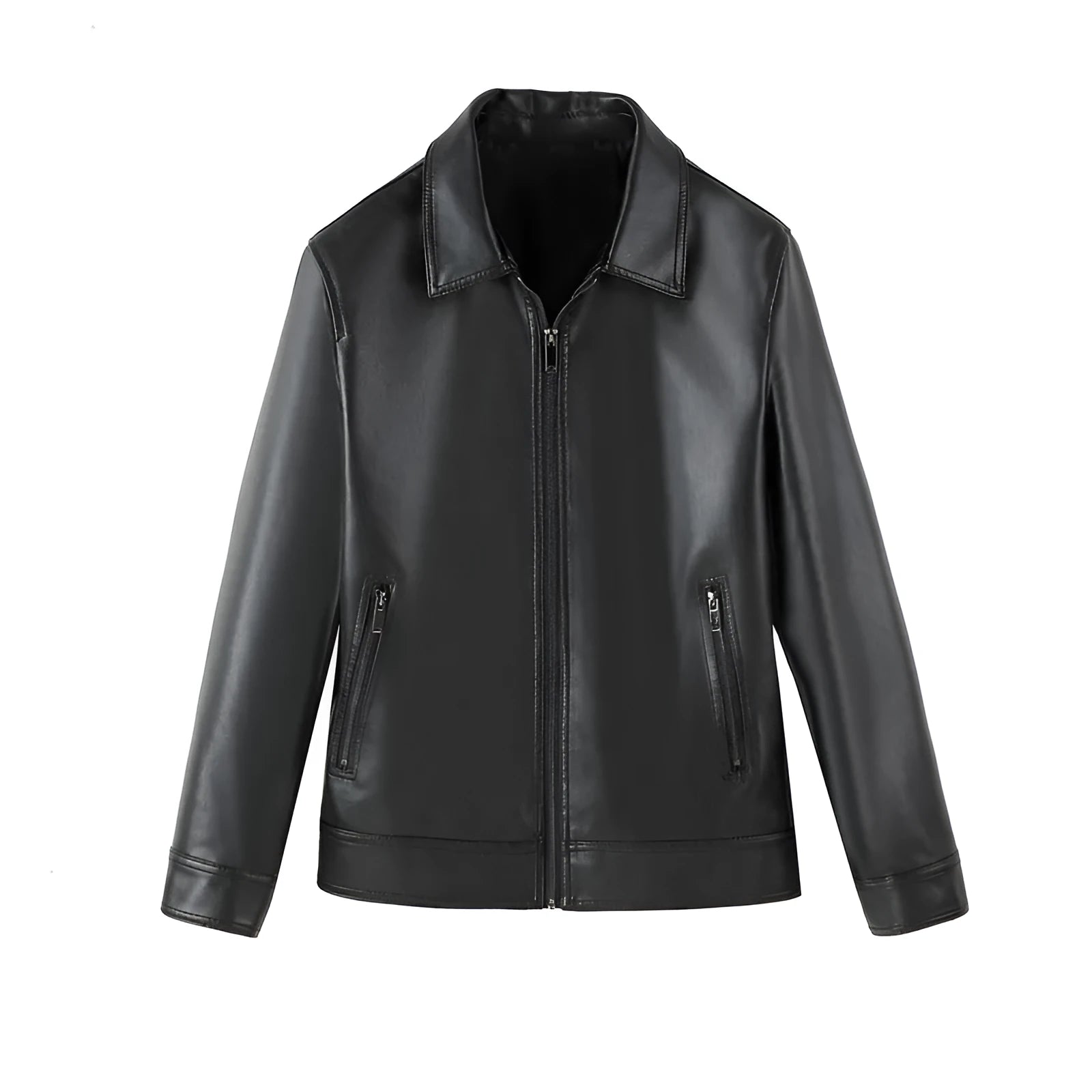 Men's black PU leather casual jacket with a zipper pocket on a hanger.