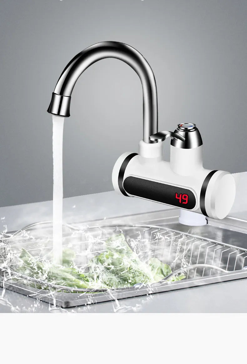 White electric water heater tap with digital temperature display and 3000W fast heating capability