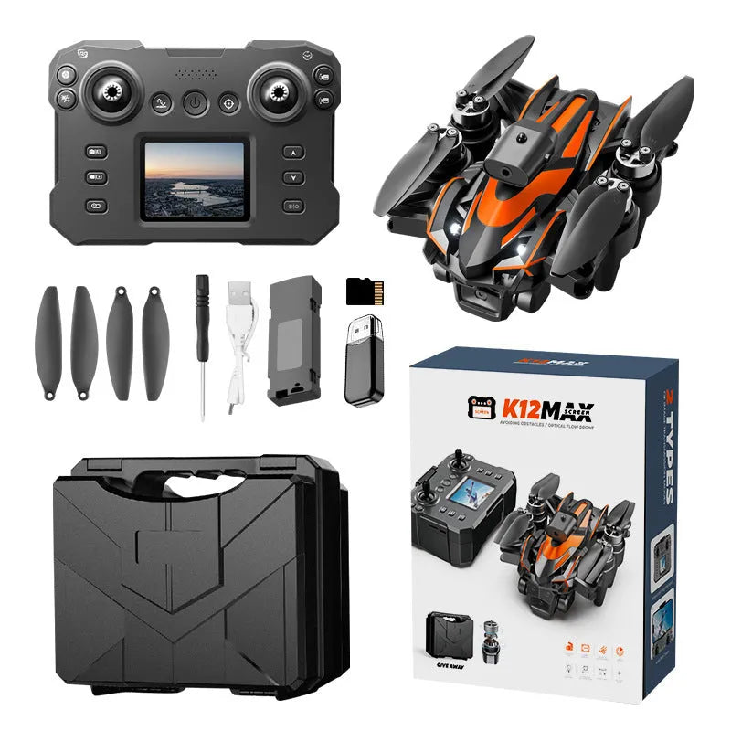 K12MAX brushless folding UAV drone in orange with screen remote control and obstacle avoidance sensors