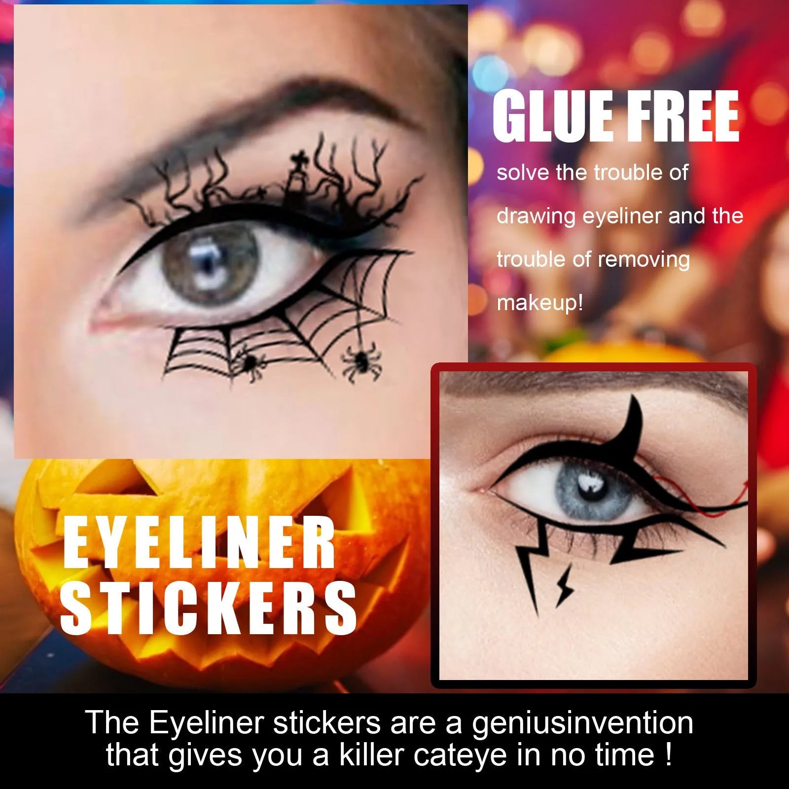 Bat and spider decorative eyeliner stickers set with 8 pairs for Halloween makeup