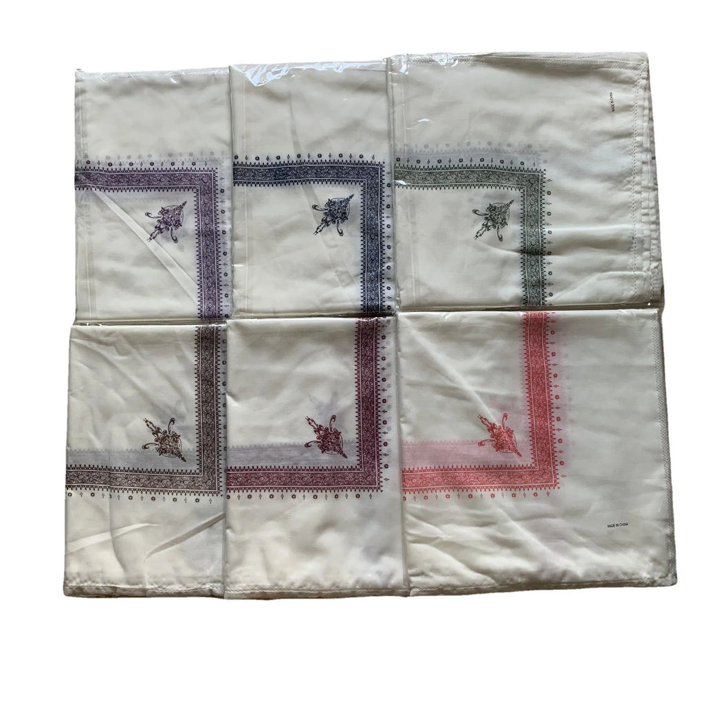Printed square polyester scarf showing 138x138 cm dimensions with colour options including brown, grey, green, purple, navy blue, and purplish red