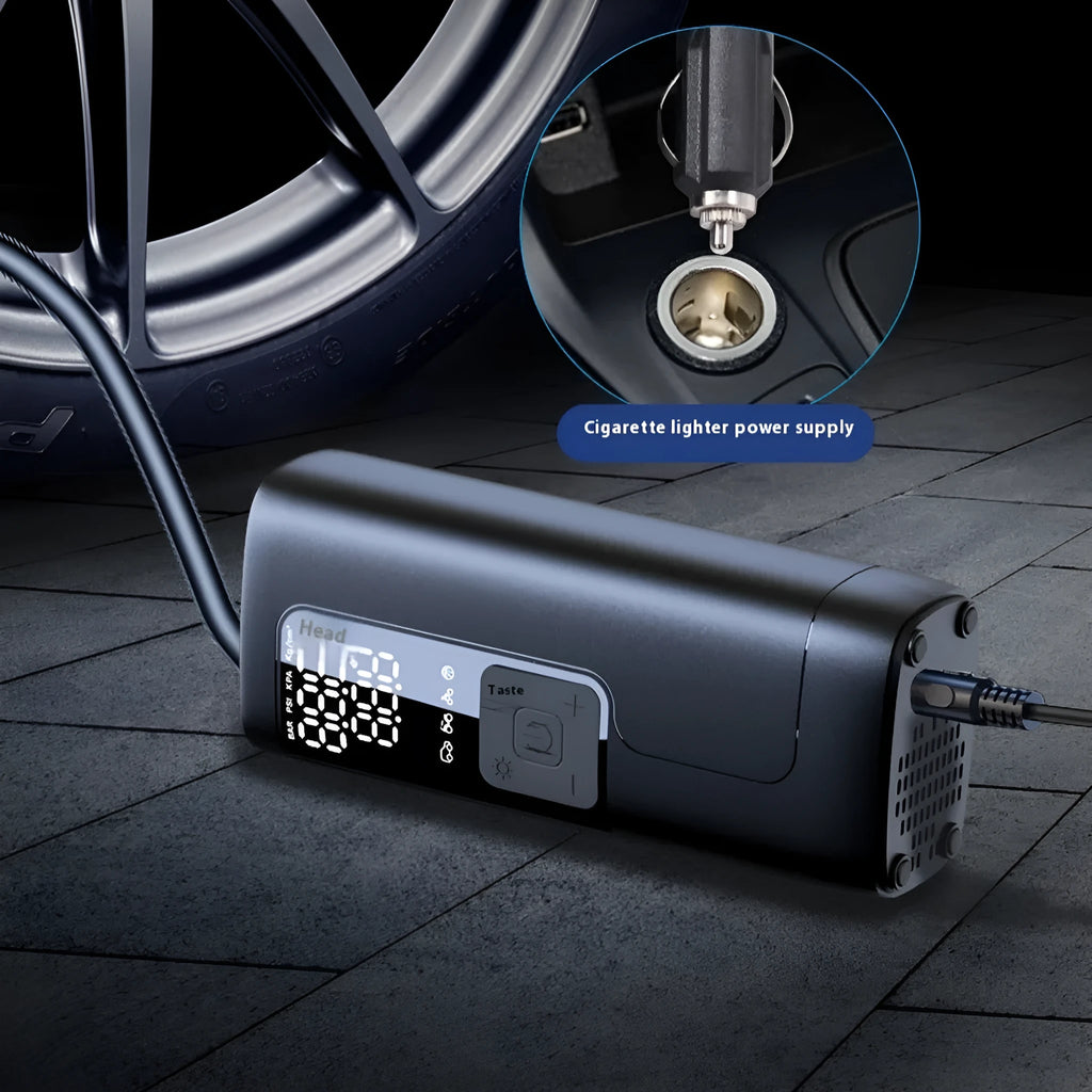 Portable car inflation tool with 5200 lithium battery, tyre pressure gauge, and warning light in an ABS casing.