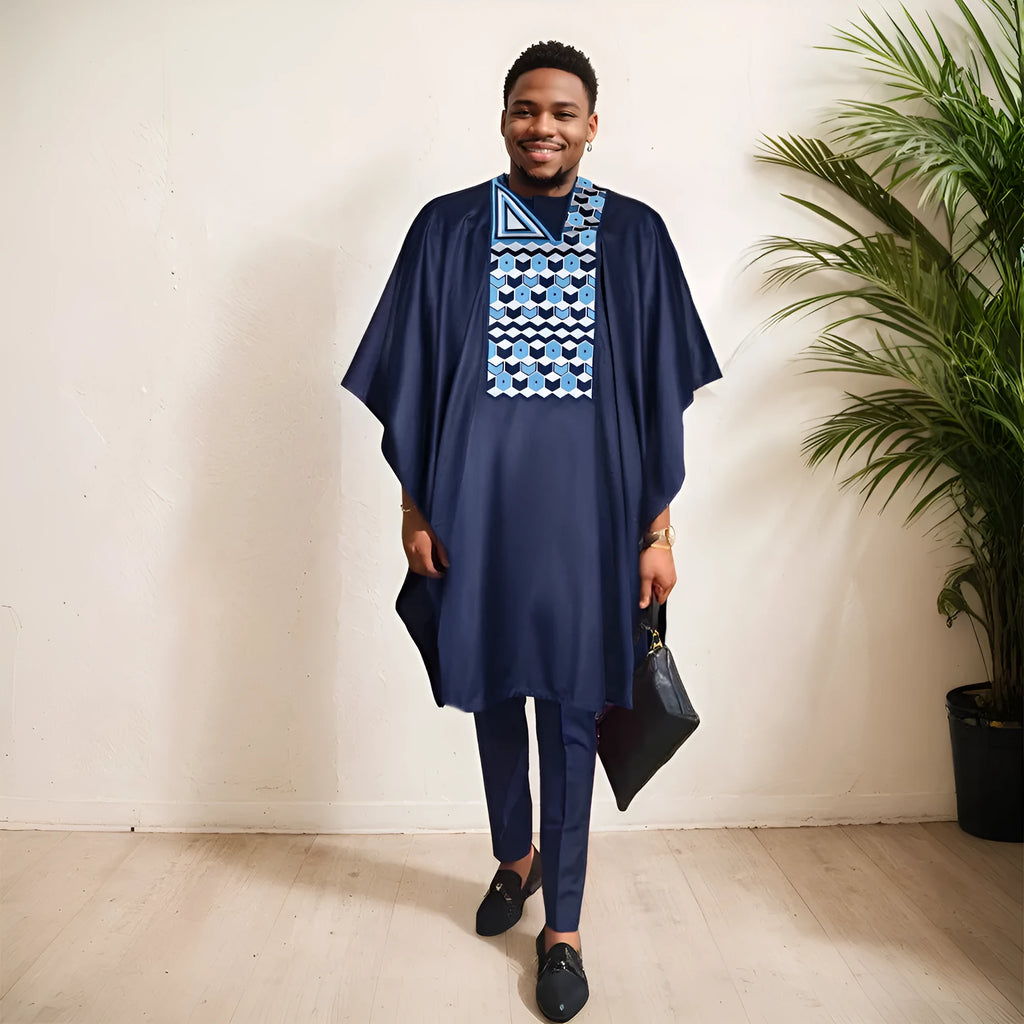 Men's dark blue embroidered three-piece suit set with polyester T-shirt style jacket and trousers