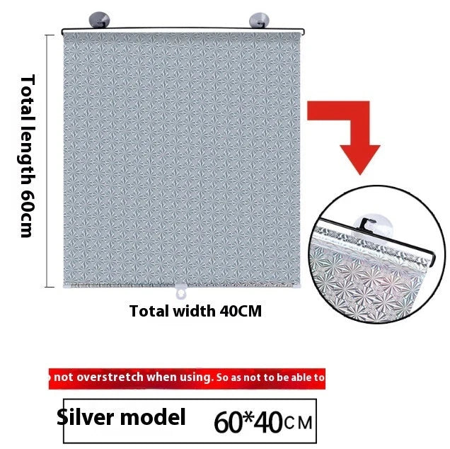 Punch-free window sun protection shutter in black dots and silver laser options, sizes from 40x60cm to 58x125cm