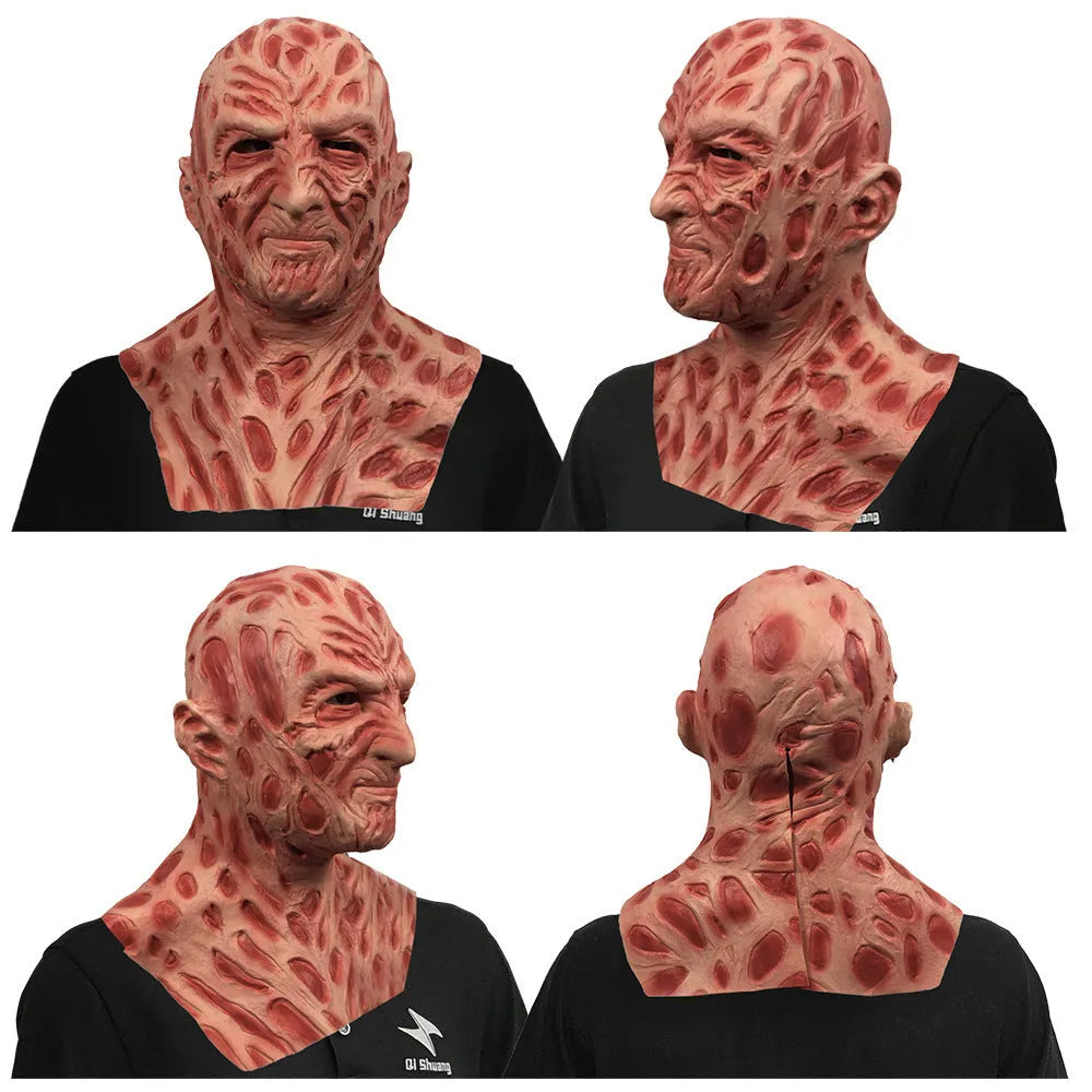 White latex horror grimace mask and gloves with Freddy Krueger styling on a dark surface
