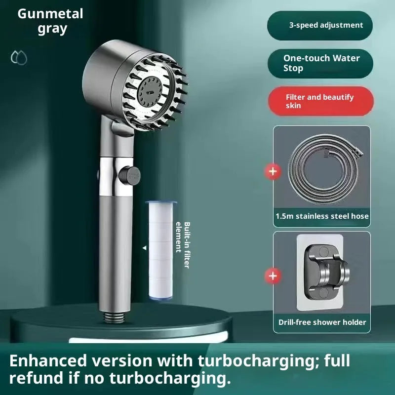 Supercharged ABS handheld shower set in light luxury grey with 5 functions, LED light, and universal interface.