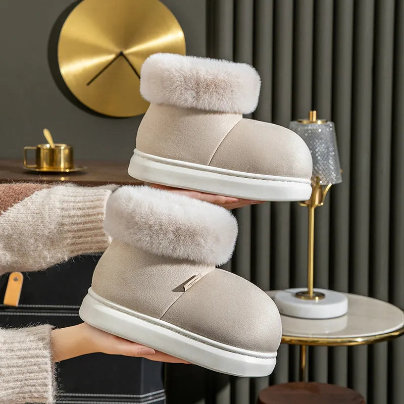 Beige women's winter ankle boots with plush upper, thick EVA sole, and round toe