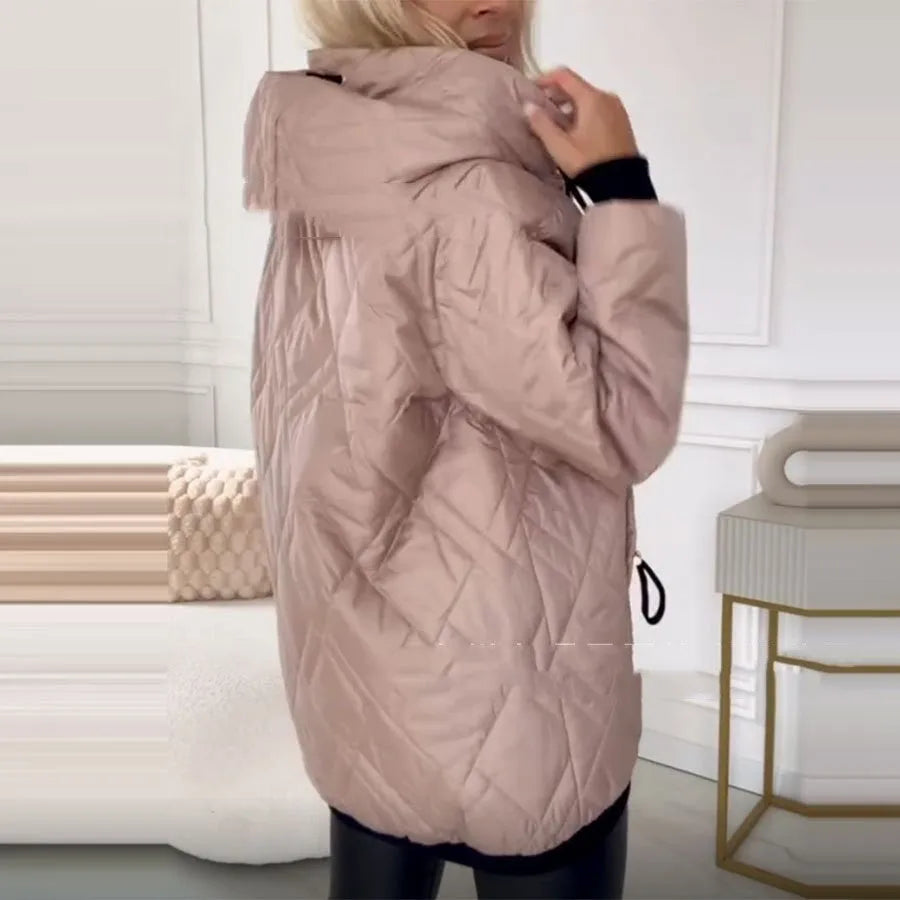 Women's pink hooded polyester coat with regular long sleeves showing front view