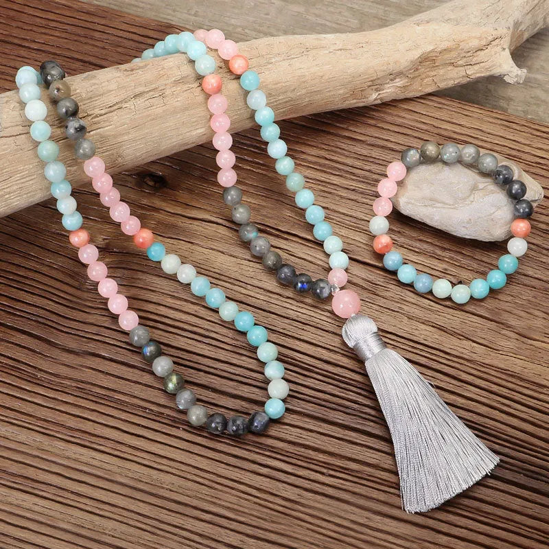 Bohemian stone necklace and bracelet set with colourful pendant and tassel decoration