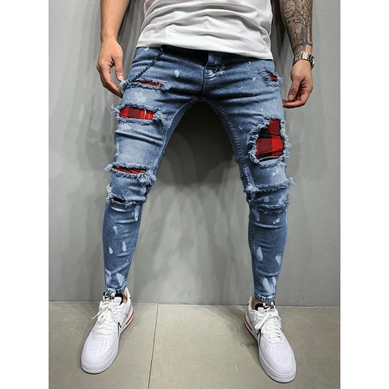 Men's cotton paint jeans in black, blue, and grey, available in multiple sizes from S to 3XL