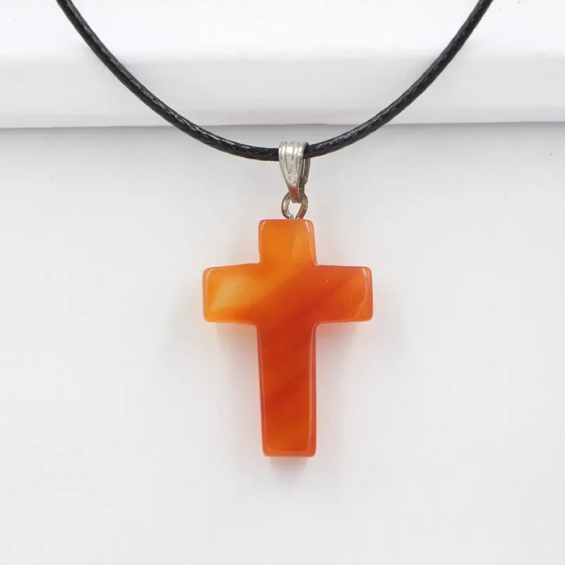 Natural stone cross marble pattern pendant necklace with alloy setting and snake chain, multiple colour options including amethyst and turquoise