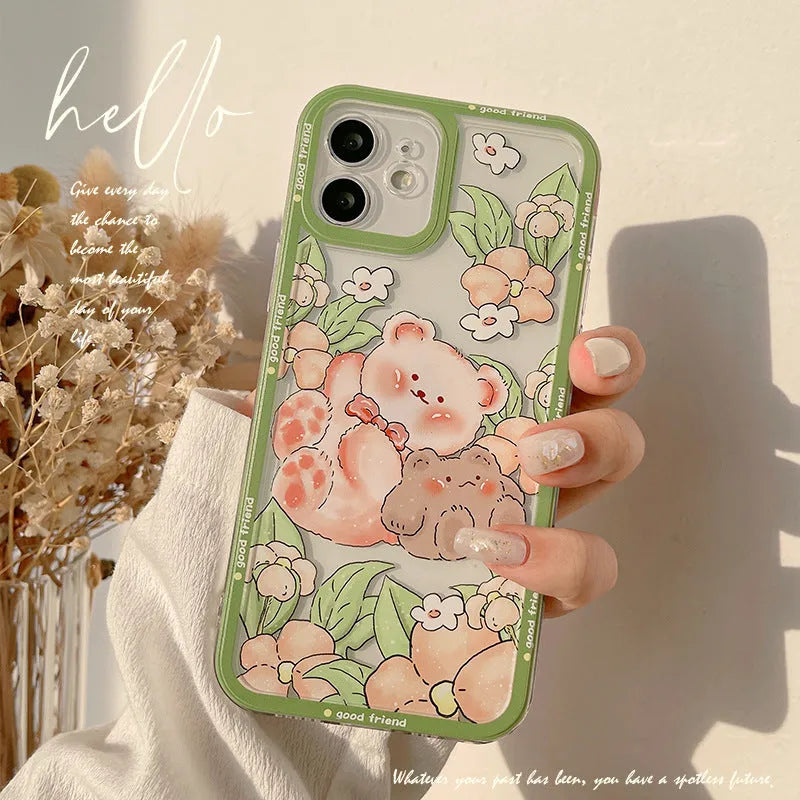 Transparent TPU phone case with hand-painted bear and floral design for iPhone 13