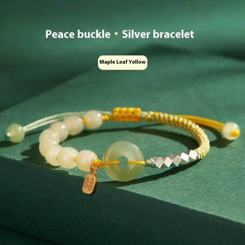 Woven Hetian jade bracelet with safety buckle in flower shape with chamfered square grain pattern