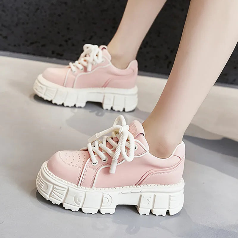 Women's beige leather casual shoes with muffin bottom design for height increase