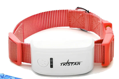 Black cat GPS tracker device with collar attachment showing 44g weight and waterproof design