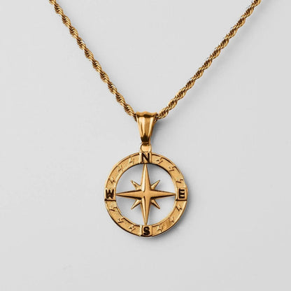 Stainless steel compass circular necklace with electroplated finish in gold and steel options