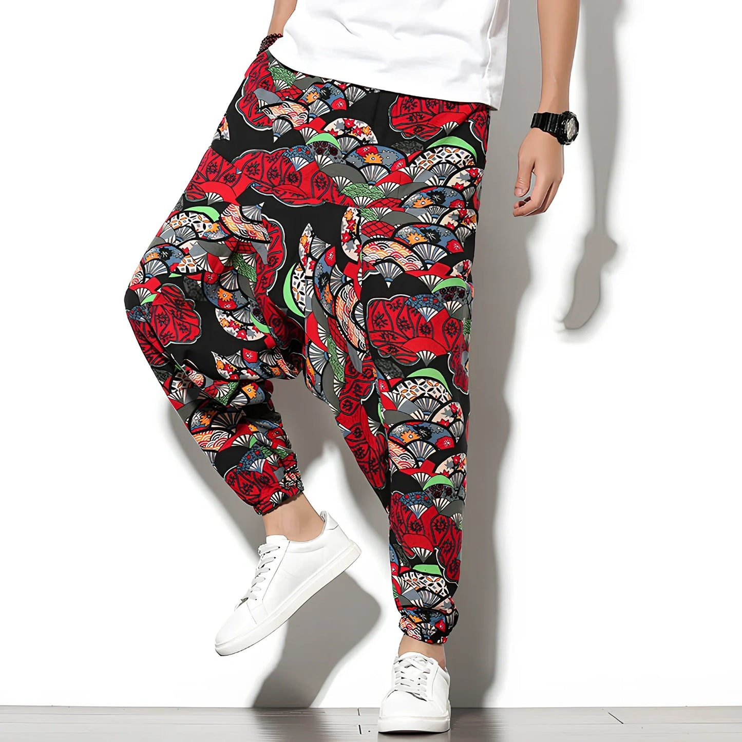 Summer bohemian loose wide-leg cotton trousers in Tibetan blue elephant flower print, mid-waist nine-point length 70-82cm, sizes M-5XL