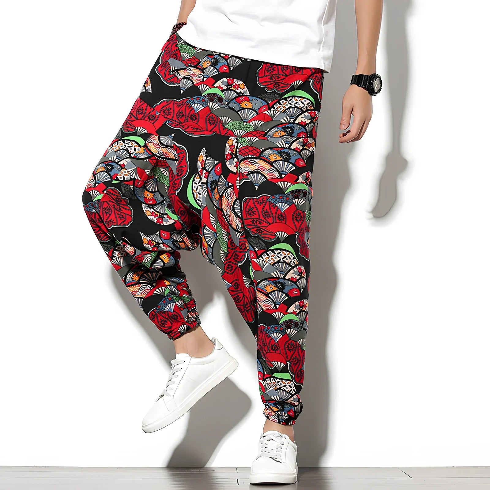 Summer bohemian loose wide-leg cotton trousers in Tibetan blue elephant flower print, mid-waist nine-point length 70-82cm, sizes M-5XL