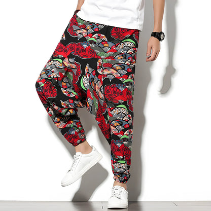 Summer bohemian loose wide-leg cotton trousers in Tibetan blue elephant flower print, mid-waist nine-point length 70-82cm, sizes M-5XL