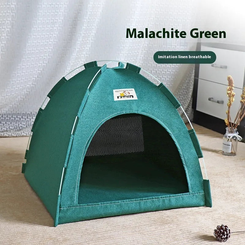 Grey enclosed pet tent with removable washable cover for cats and small dogs.