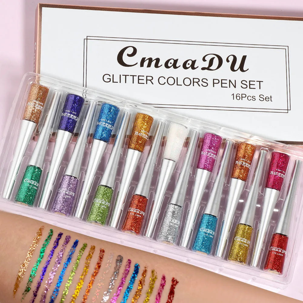 16 colour glitter liquid eyeliner set in a kit with 5g tubes in assorted shimmer shades