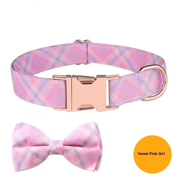 Polyester pet collar with rose gold metal buckle and attached decorative bow in cherry blossom blue colour
