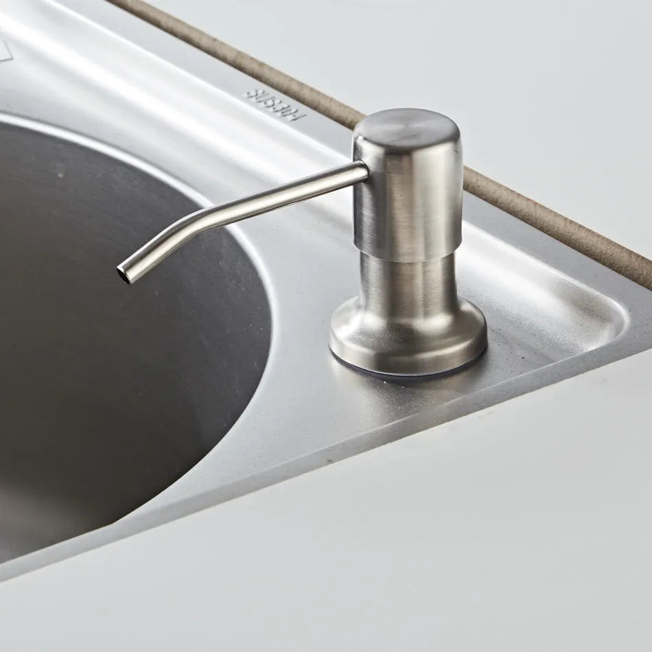 Stainless steel hand-press sink soap dispenser with 1.15m silicone extension tube for bathroom use