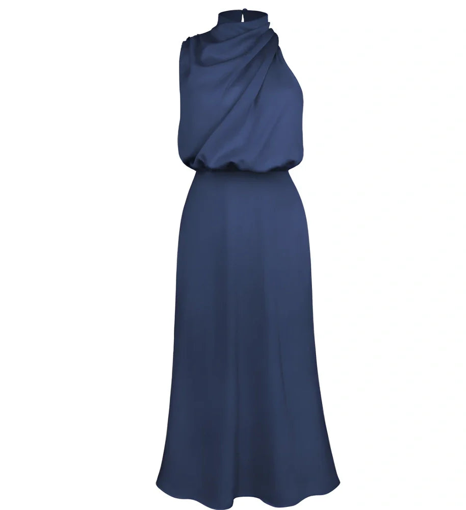 Sleeveless polyester dress in navy blue, 125.8cm length size L, bust 103cm for women's evening parties